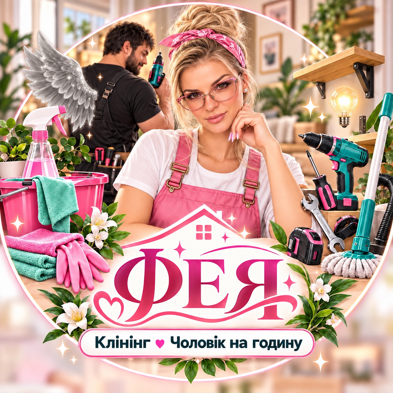 Фея: клінінг та чоловік на годину — фірмова ілюстрація у рожевих і м’ятних кольорах